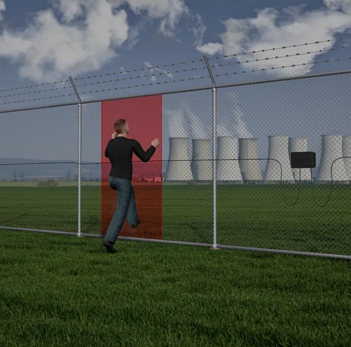 Visualisierung Southwest Microwave: Person klettert an einem Maschendrahtzaun mit rot markierter Detektionszone vor einem Kraftwerk – Southwest Microwave: Zaun-, Mikrowellen- und Hafenanwendungen (Visualisierung).