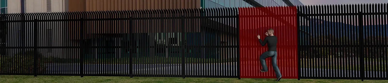 Visualisierung: Person klettert an einem Palisadenzaun vor einem Gebäude; der betroffene Zaunabschnitt ist rot als Alarmzone markiert – Visualisierung Southwest Microwave (Symbolbild): Zaundetektion.